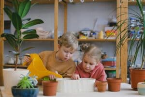 boy pouring water in a pot